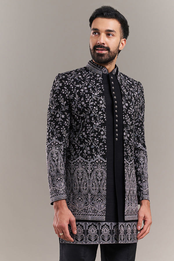 Black Silk Blend Floral Men's Indo-Western Set