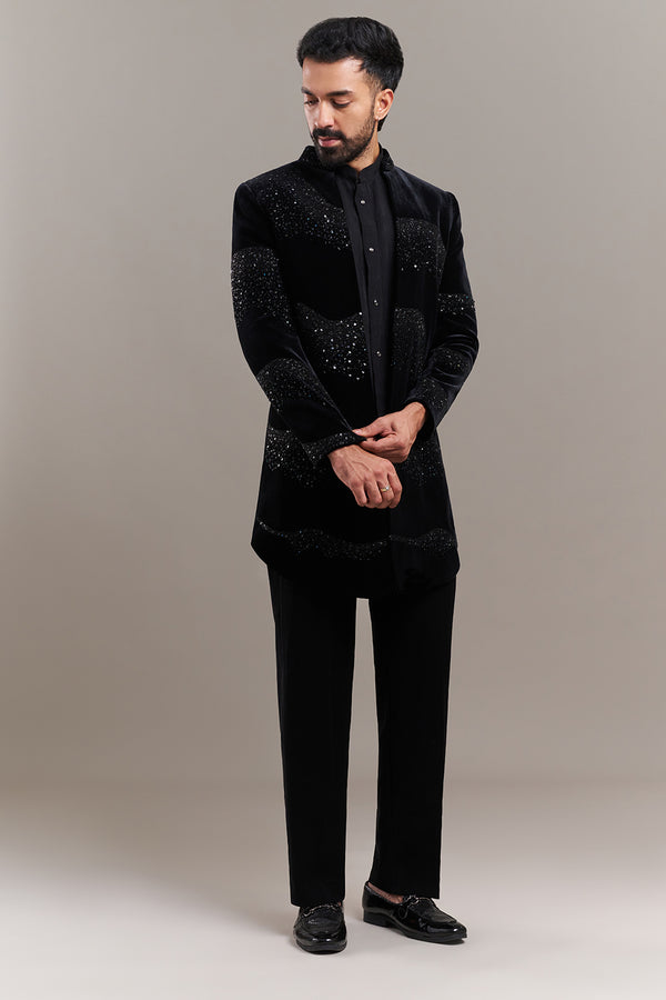 Black Velvet Abstract Wave Men's Indo-Western Set