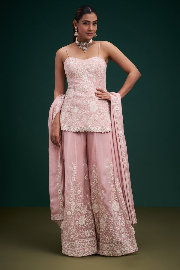 Blush Pink Organza Indo-Western Suit with Resham and Stone Work