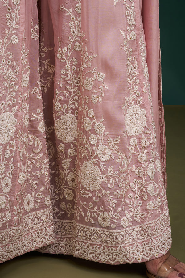 Blush Pink Organza Indo-Western Suit with Resham and Stone Work