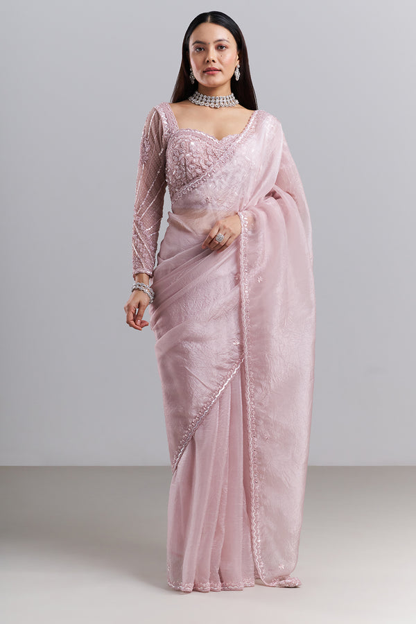 Blush Pink Organza Saree with Embellished Stitched Blouse