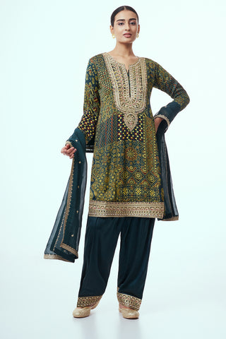 Bottle Green Modal Indo Western with Mirror Work