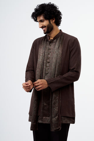 Brown Thread Work Shimmer Crush Chiffon Men's Kurta Set