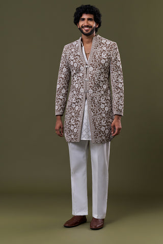 Brown Velvet Floral Resham Embroidered Jacket Set