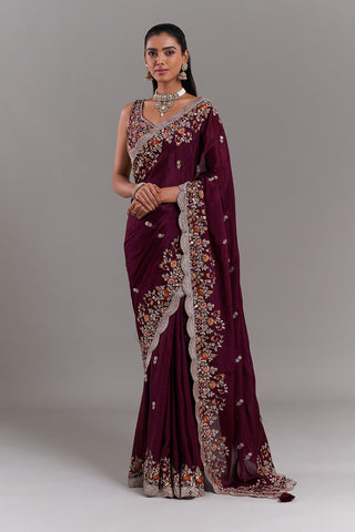 Burgundy Crepe Embroidered Saree with Scalloped Floral Border