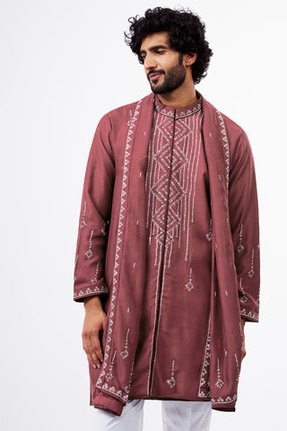 Burgundy Nokia Men's Silk Kurta Set with Geometric Details