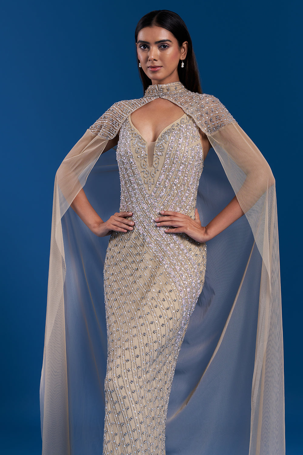 bead embroidered dress Buy Champagne Gold Cape Gown with Bead Embroidery |RIYAASAT