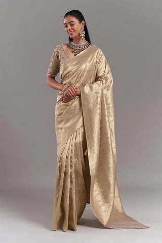 Champagne Gold Shimmer Tissue Saree with Banarasi Print