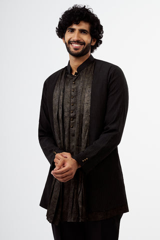 Charcoal Thread Work Shimmer Crush Chiffon Men's Kurta Set