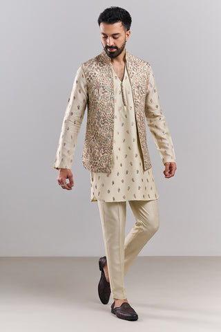 Cream Linen Satin Men’s Kurta with Embroidered Jacket