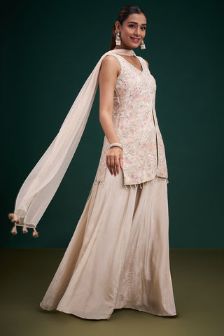 Cream Pure Crepe Indo-Western Suit with Resham Work
