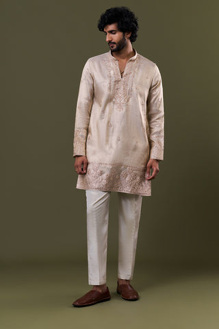 Cream Shimmer Polyester Mirror Resham Embellished Kurta Set