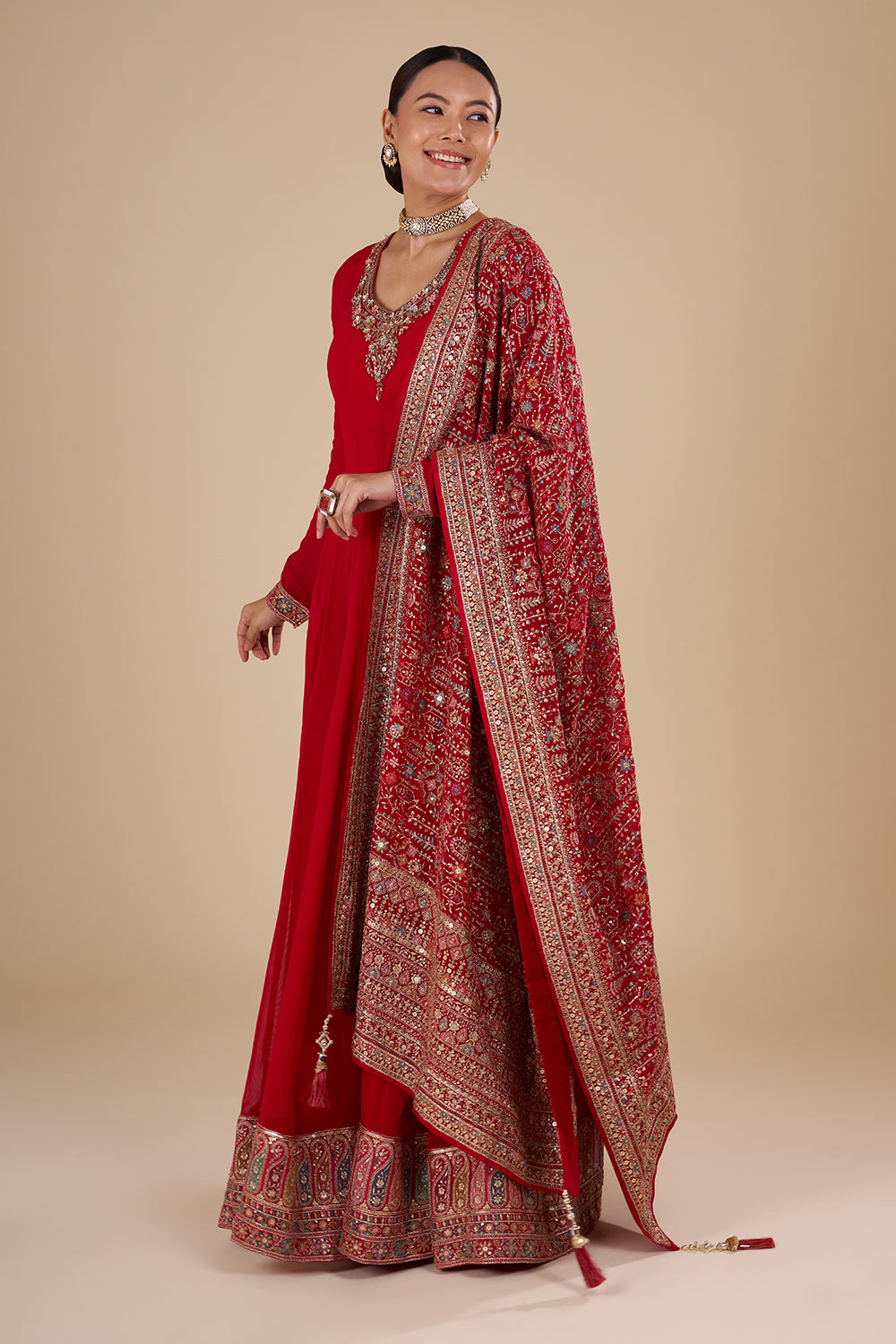 Crimson Red Georgette Silk Anarkali Set