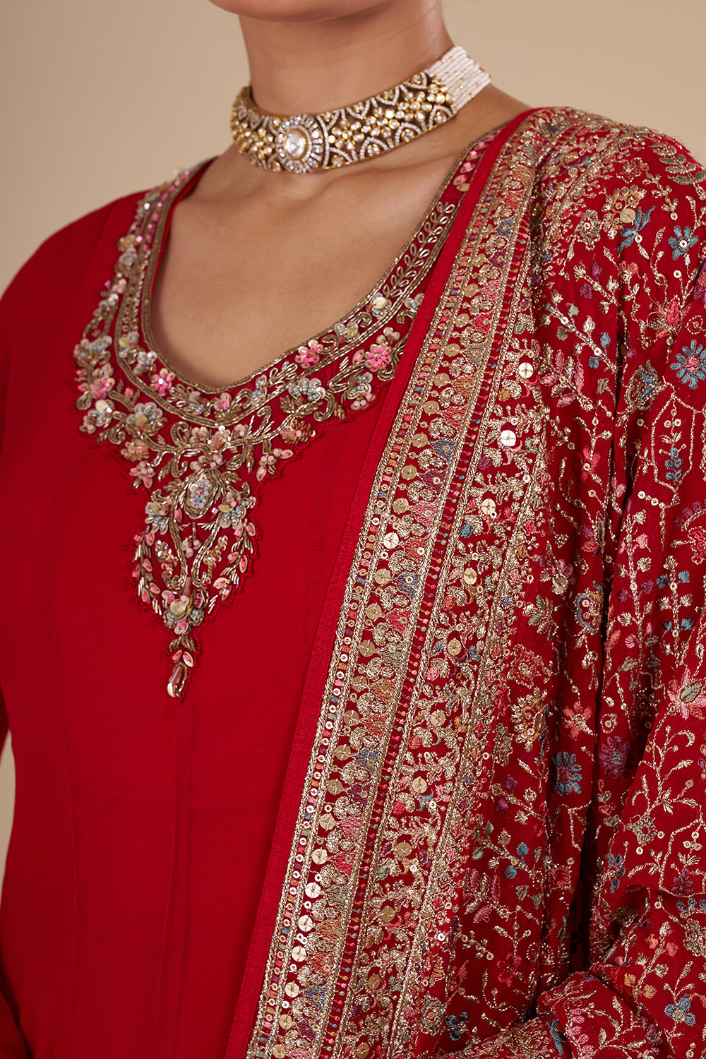 Crimson Red Georgette Silk Anarkali Set