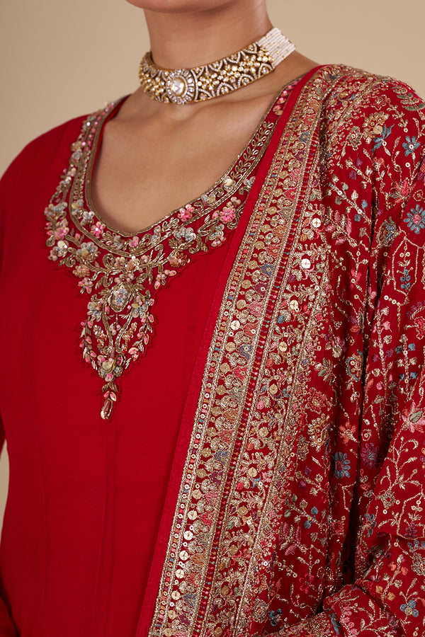 Crimson Red Georgette Silk Anarkali Set