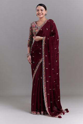 Deep Maroon Crepe Saree with Multicoloured Resham Detailing