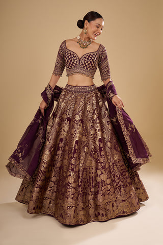 Deep Wine Banarasi Silk Lehenga Set with Zari Work