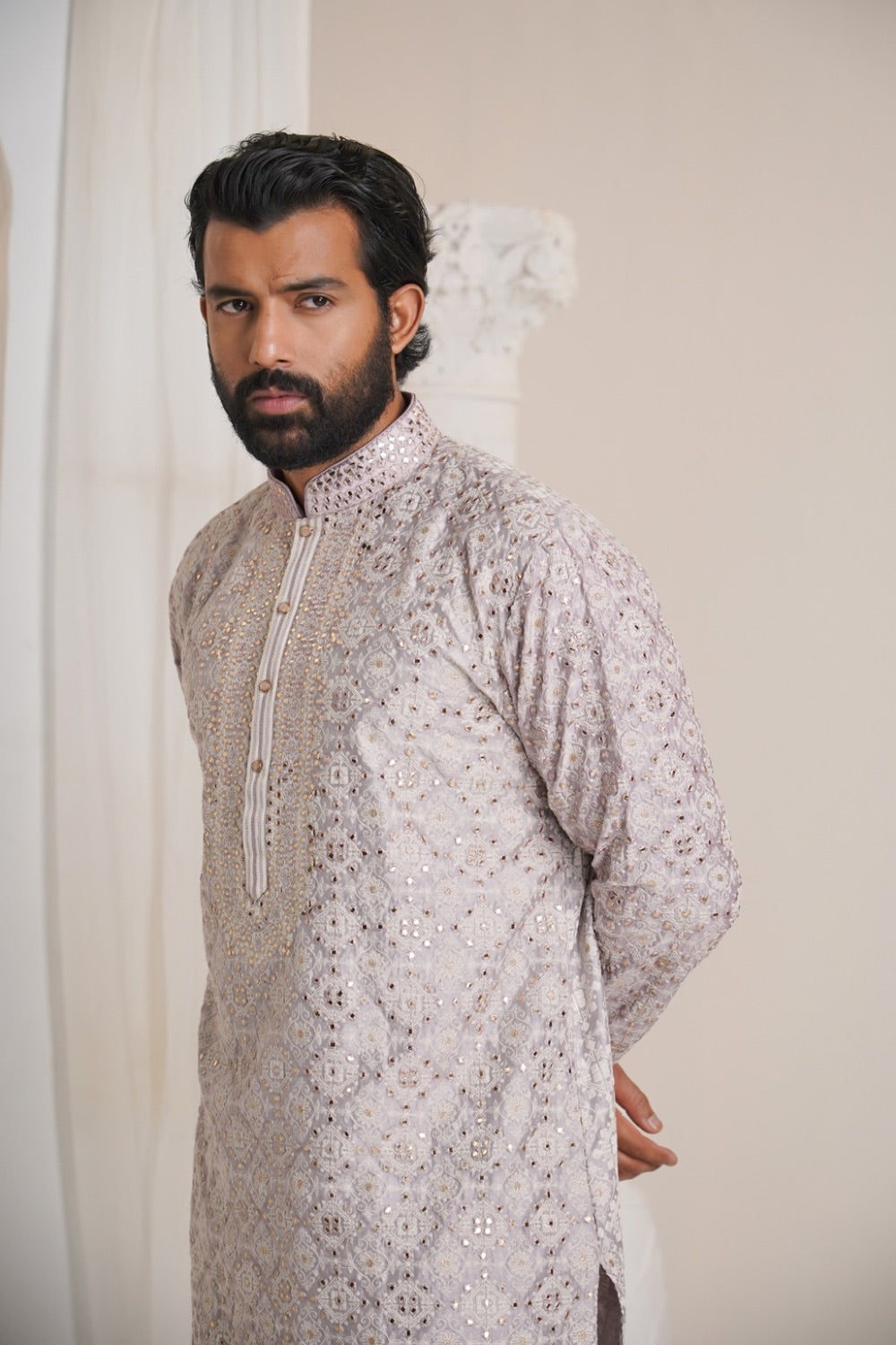 Lilac silk mirror embroidered kurta set