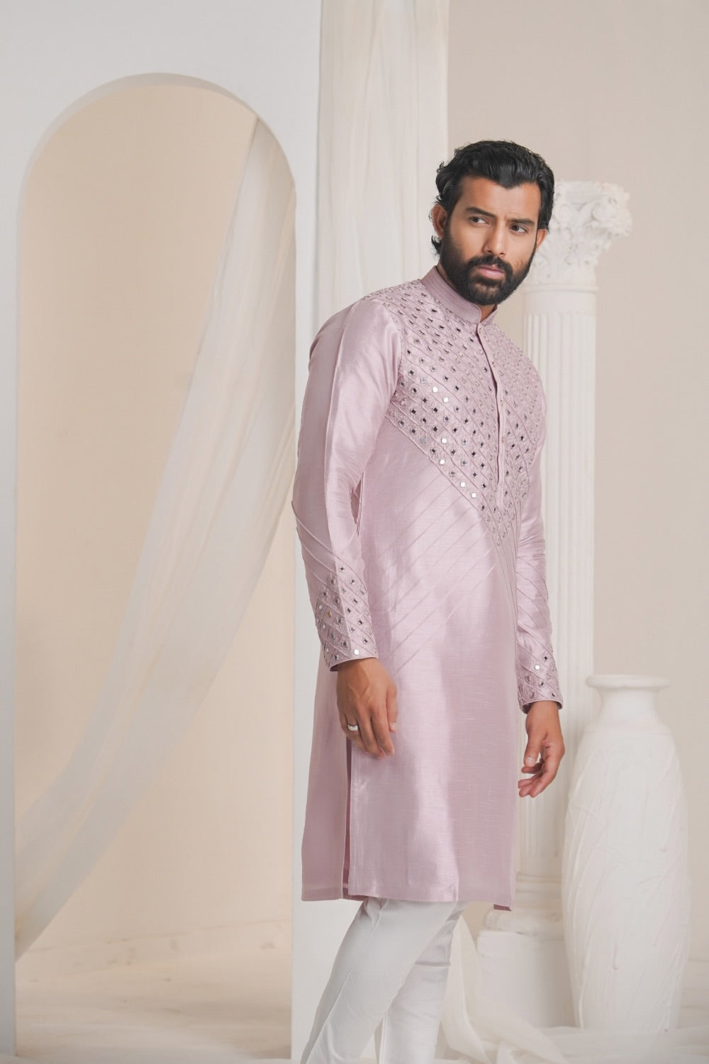 Lilac silk kurta set with mirror work