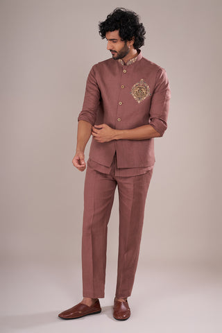 Dusty Mauve Silk Blend Men's Bundi Set with Zari Embroidery