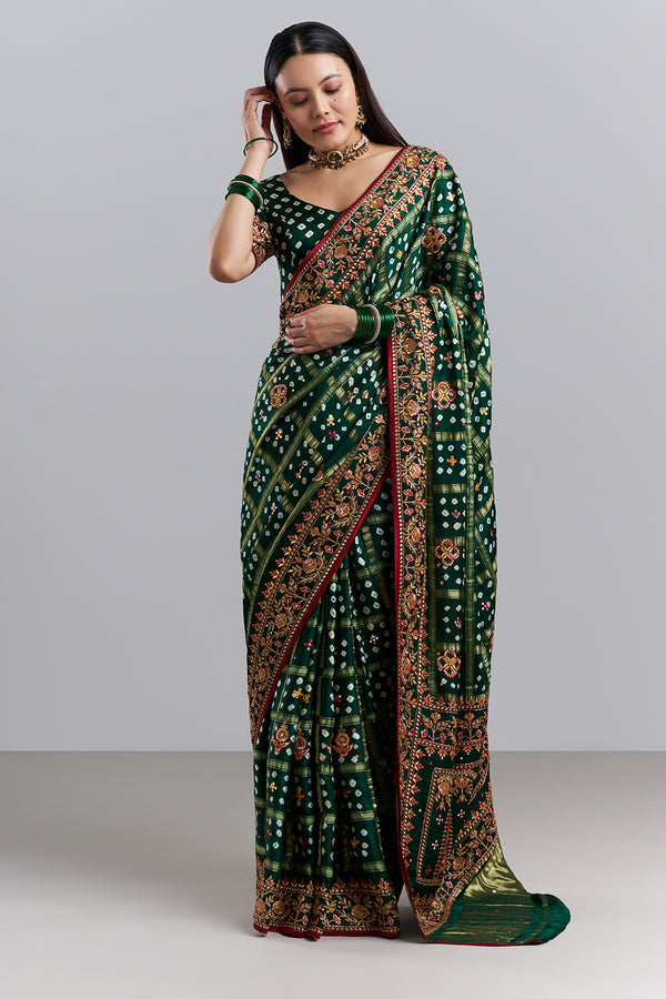 Emerald Green Bandhej Gharchola Embroidered Saree