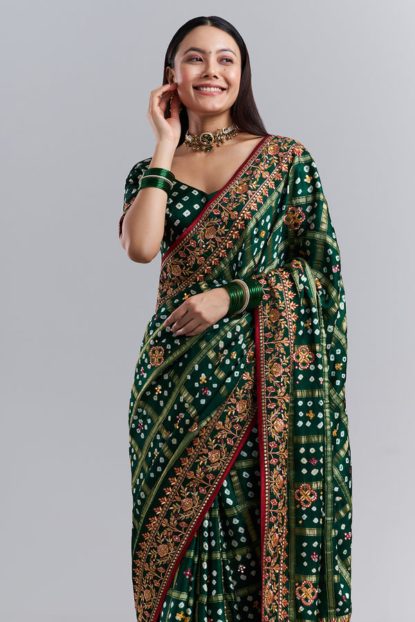 Emerald Green Bandhej Gharchola Embroidered Saree