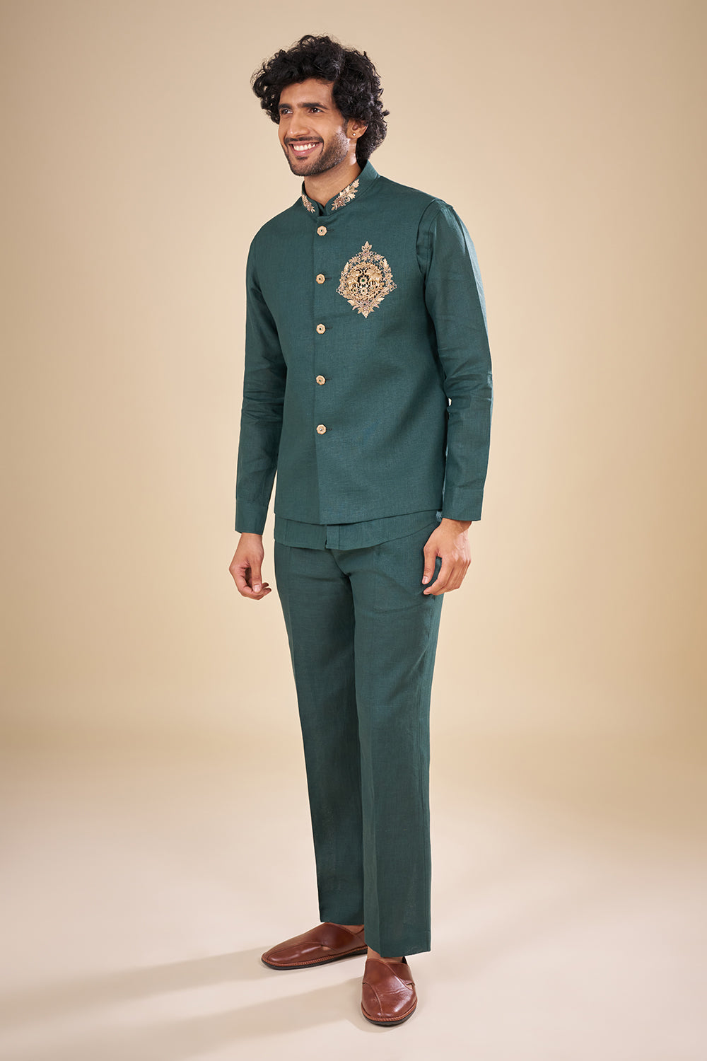slim fit dress slacks Ravanne Emerald Green Satin Shirt main image 1