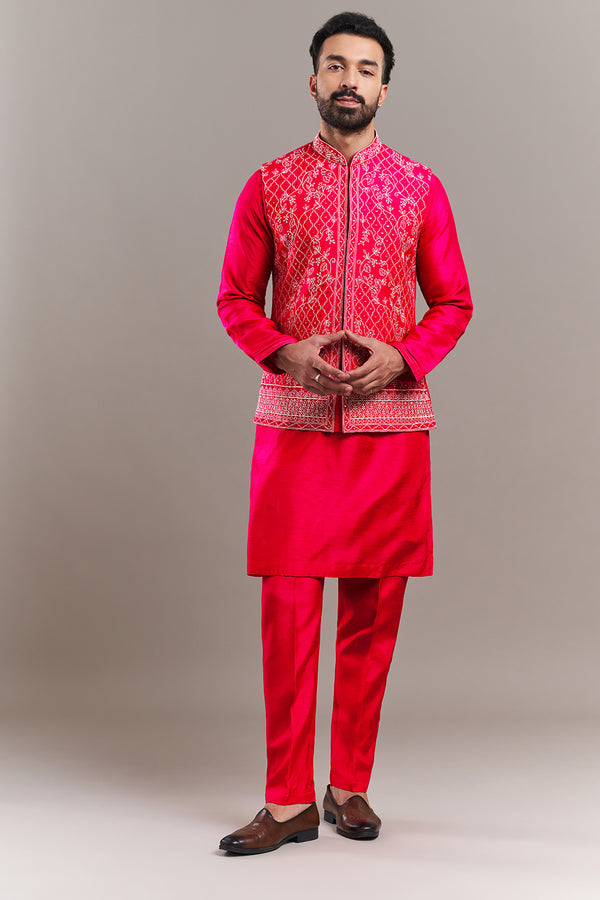 Fuchsia Art Silk Floral Motifs Men's Kurta with Jacket