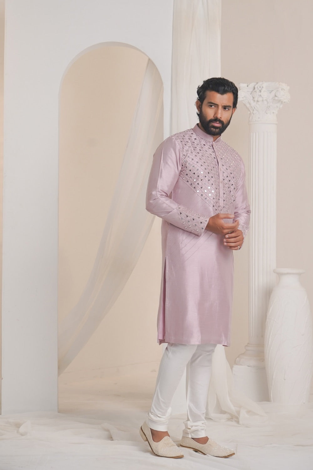 Lilac silk kurta set with mirror work