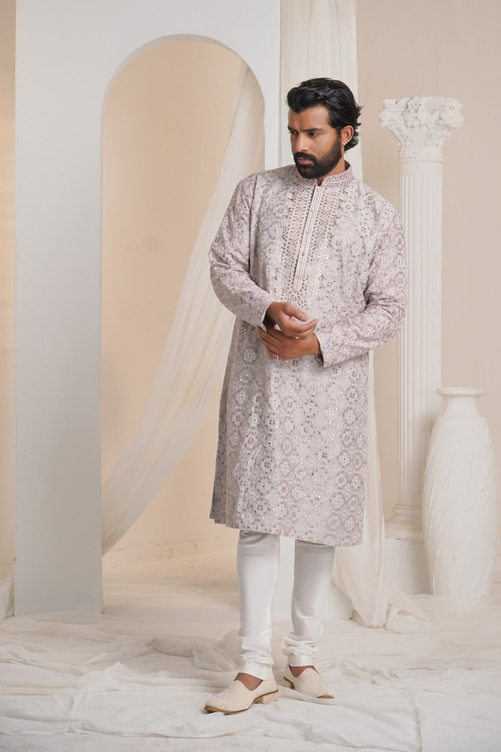 Lilac silk mirror embroidered kurta set