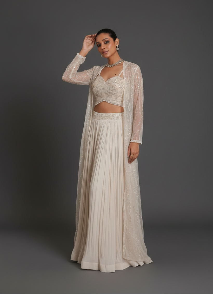 Off White organza Indowestern with cut dana and bid work