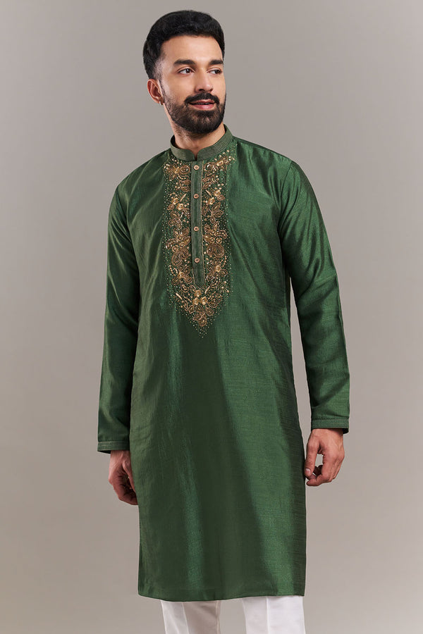 Green Silk Blend Ornate Yoke Men's Kurta Set