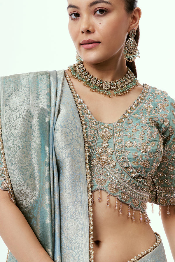 Grey Banarasi Tissue Silk Ready-to-Wear Saree with Stitched Blouse