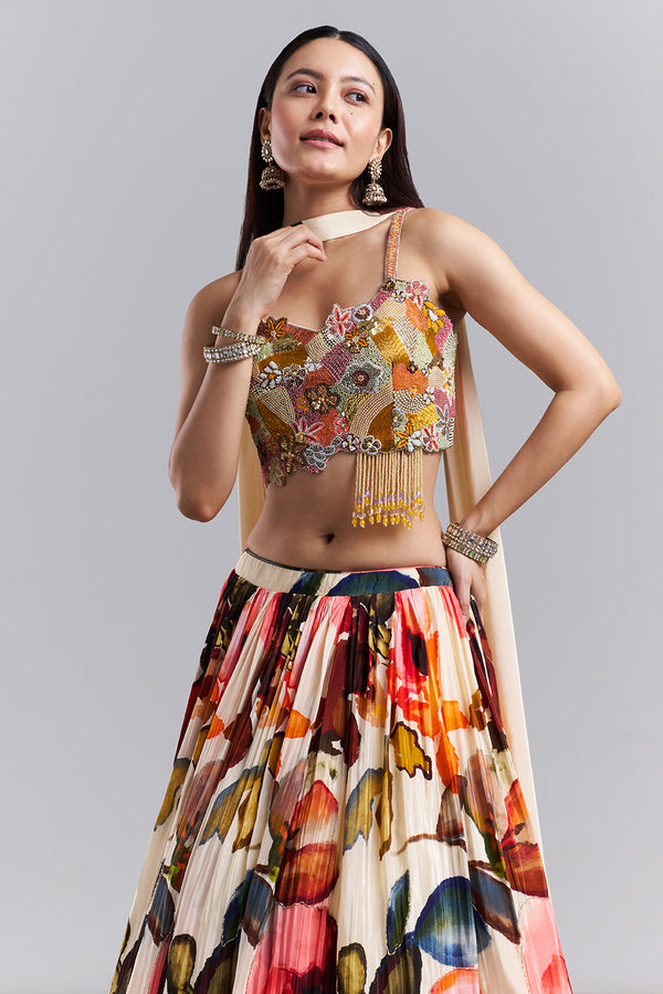 Ivory Floral Printed Lehenga Set with Embellished Blouse