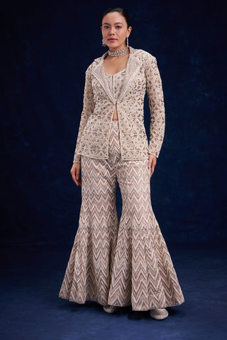 Ivory Gold Net Bridal Lehenga with Geometric Cutdana Work