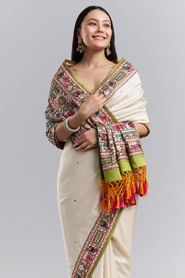 Ivory Heritage Print Saree with Embroidered Work