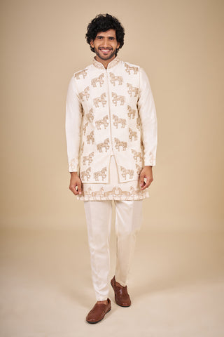 Ivory Silk Bundi Men Jacket Set with Zari Embroidery