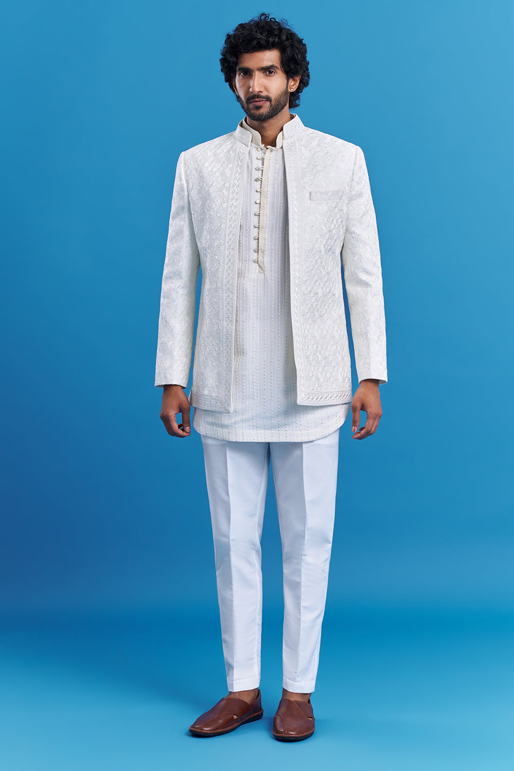 Buy Ivory White Geometric Embroidered Men's Indo-Western Set | RIYAASAT 50 Buy Ivory White Geometric Embroidered Men's Indo-Western Set | RIYAASAT 50