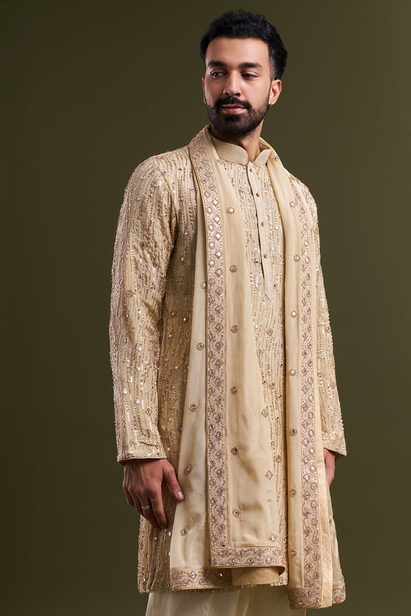 Light Gold Georgette Embellished Men’s Kurta Set