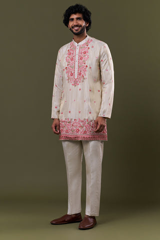 Light Gold Shimmer Georgette Floral Resham Embellished Kurta Set