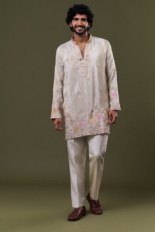 Light Gold Tissue Silk Floral Resham Embellished Kurta Set