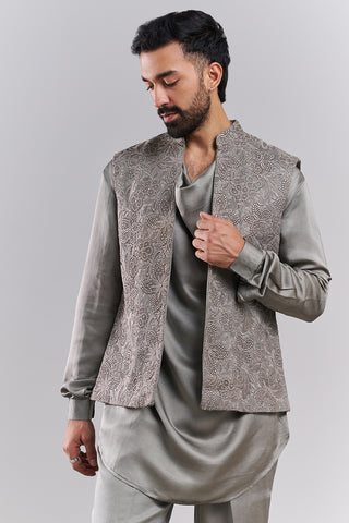 Light Grey Linen Satin Lace Men’s Indo-Western Set