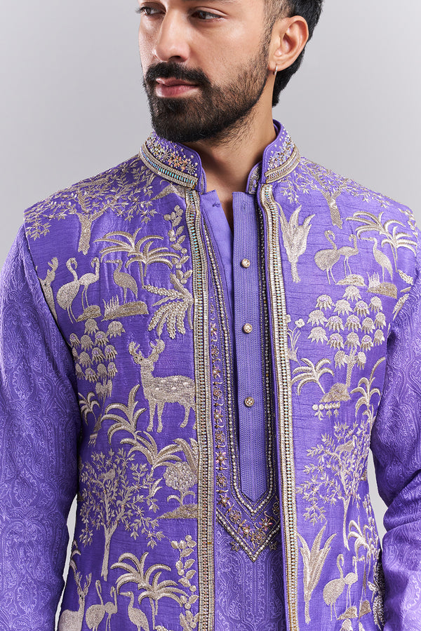 Light Purple Art Silk Embroidered Men’s Kurta with Jacket
