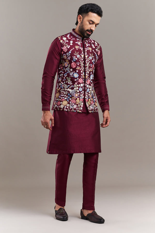 Maroon Chanderi Silk Floral Garden Men's Kurta with Jacket
