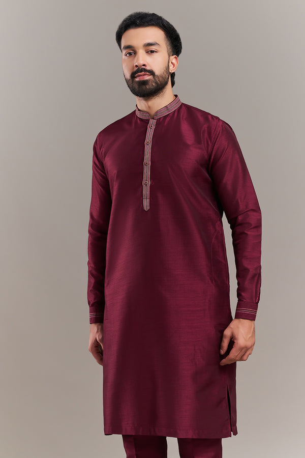 Maroon Chanderi Silk Floral Garden Men's Kurta with Jacket