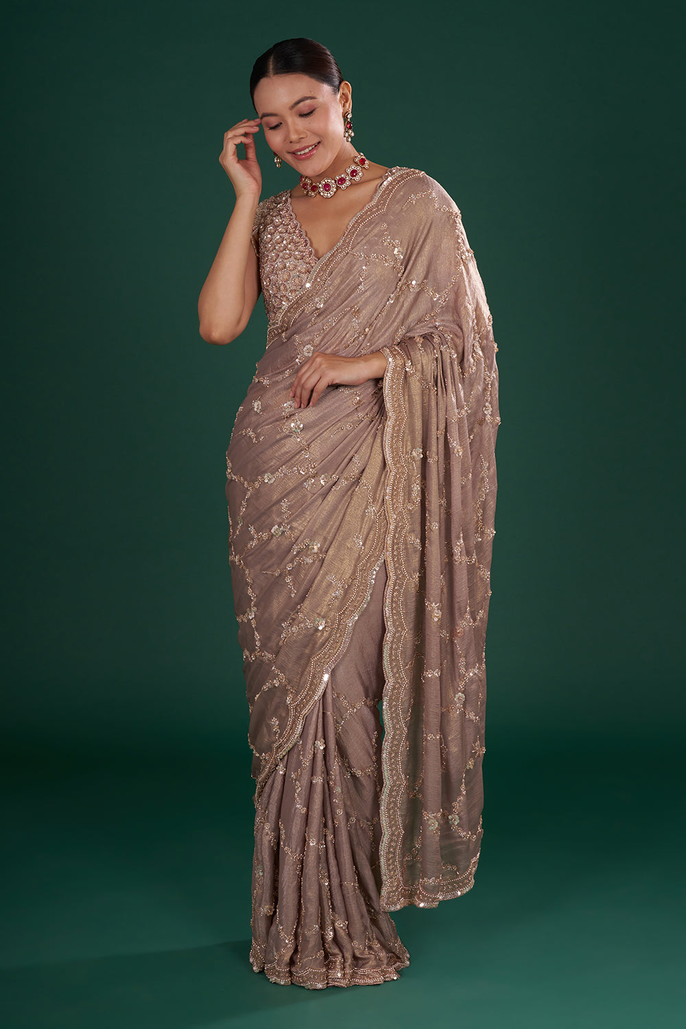 Mauve Embroidered Shimmer Crush Chiffon Saree with Rose Gold Sequin & Cut Dana Hand Work