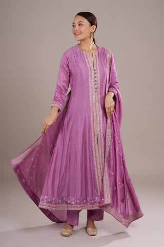 Mauve Silk Blend Anarkali Kurta Set with Resham Embroidery