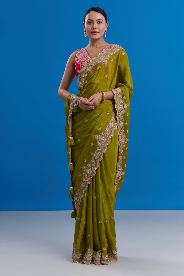 Mehendi Green Pure Chiffon Saree with Zari Floral Work And Stitched Blouse