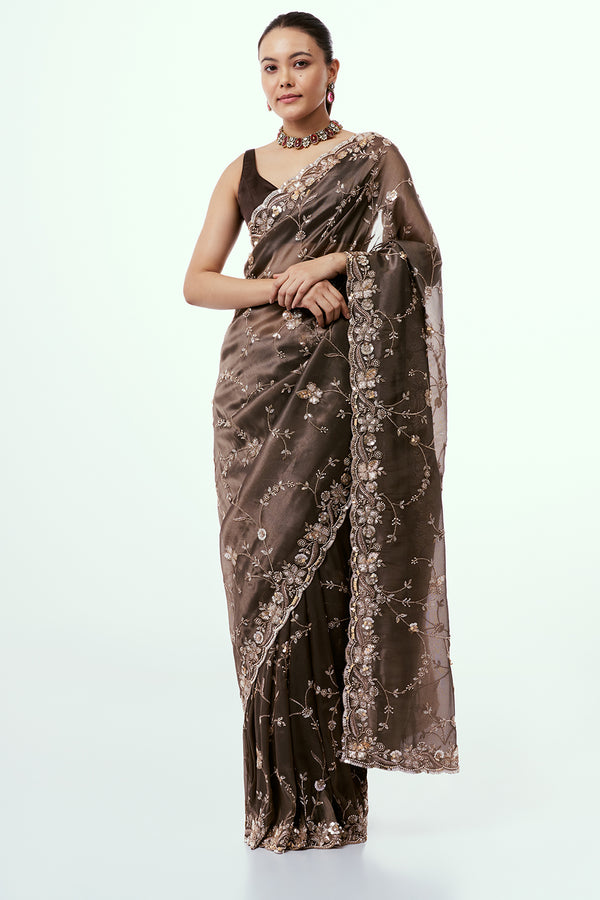 Metallic Bronze Shimmer Zari Tissue Saree with Cutdana Work
