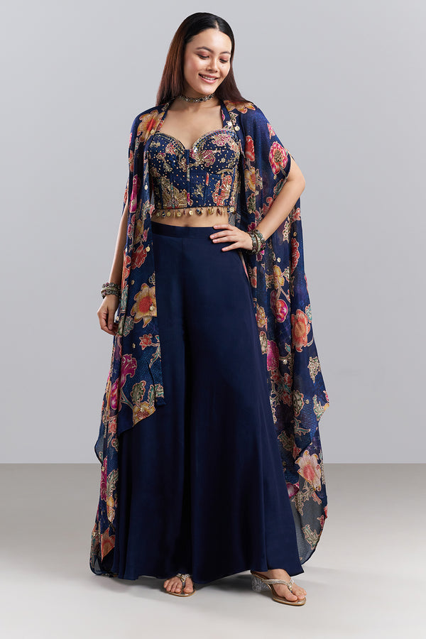 Midnight Blue Embellished Bralette Palazzo Set with Floral Printed Cape